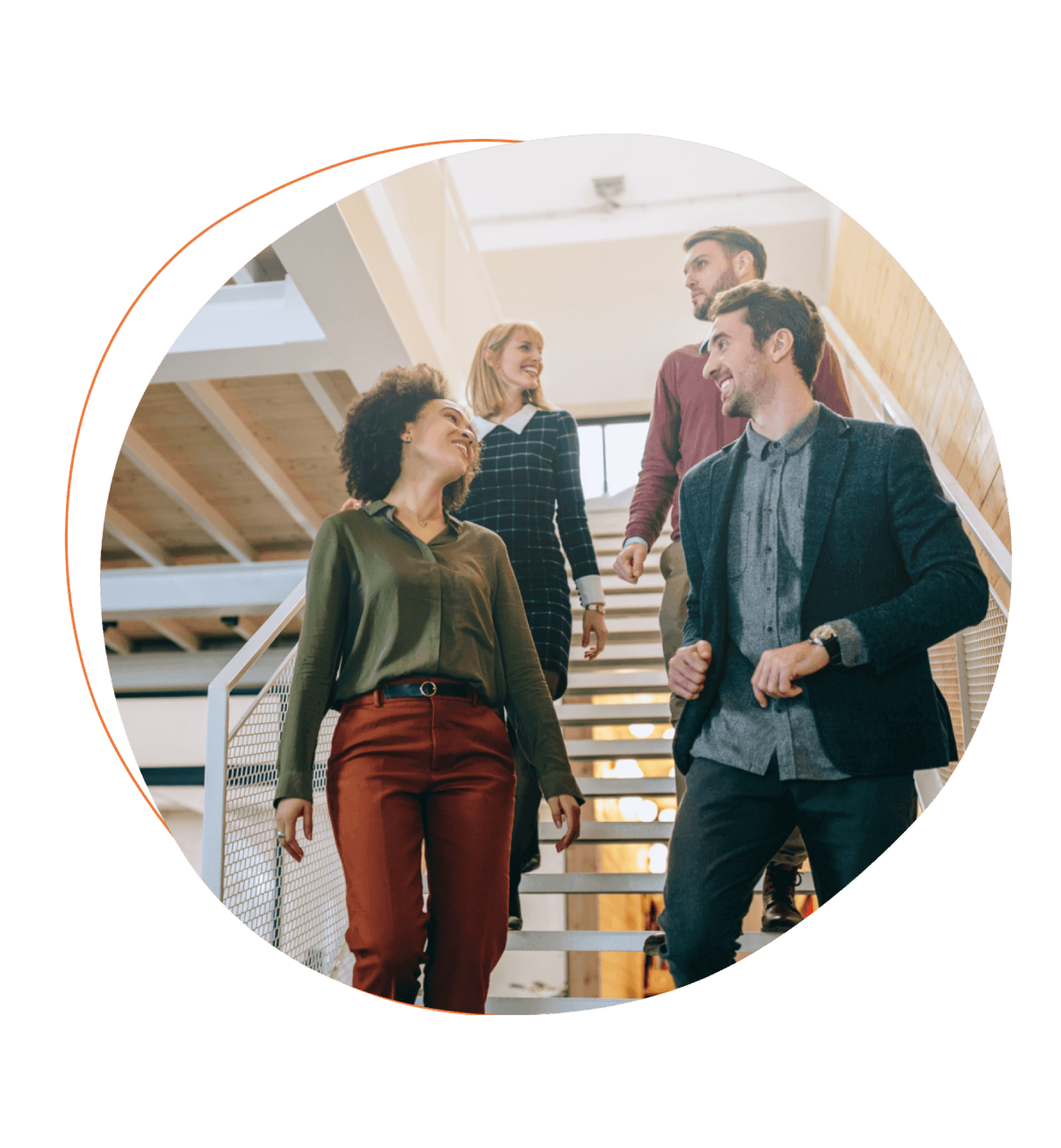 Employees descending staircase