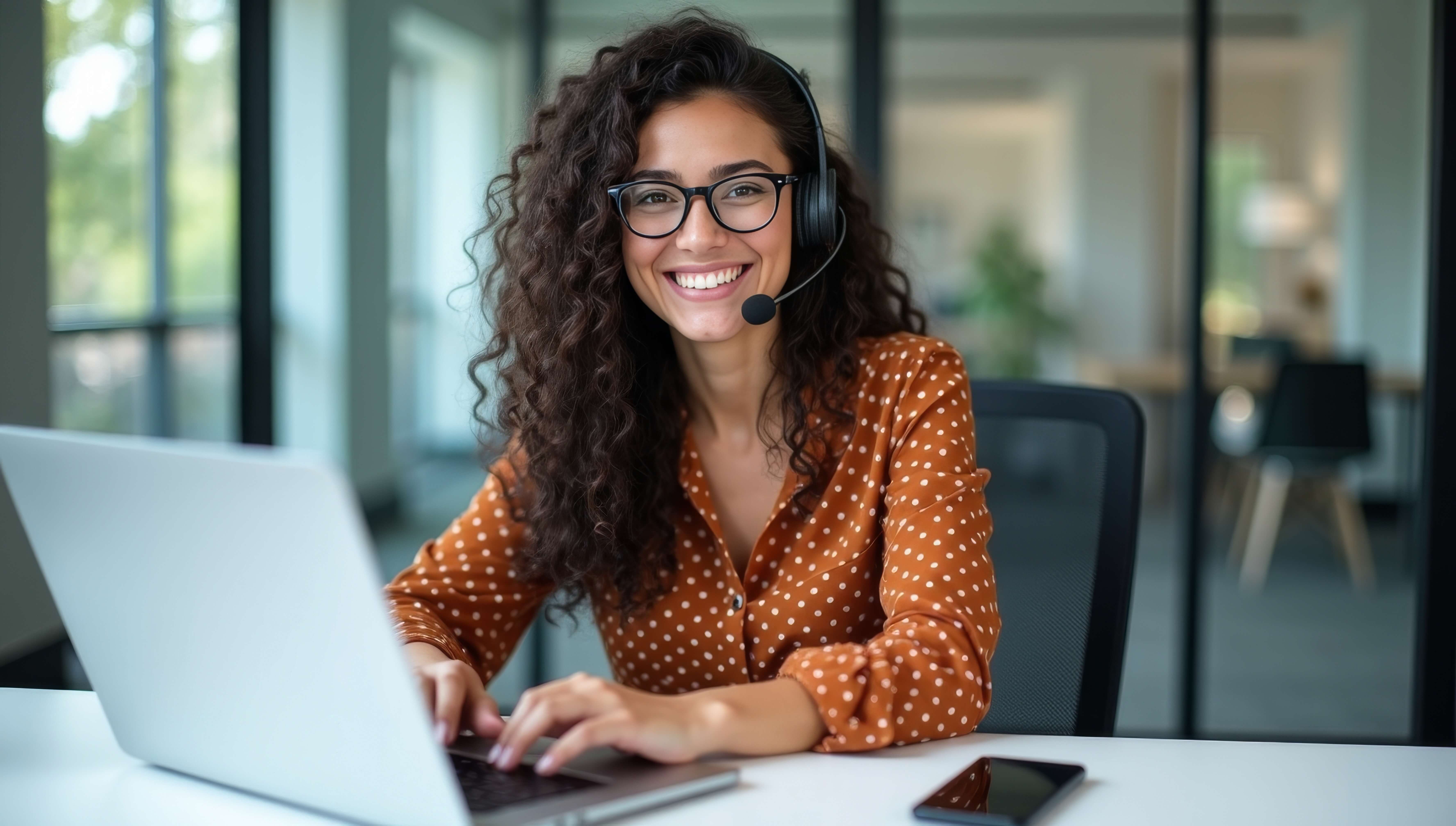 Woman providing customer support via headset