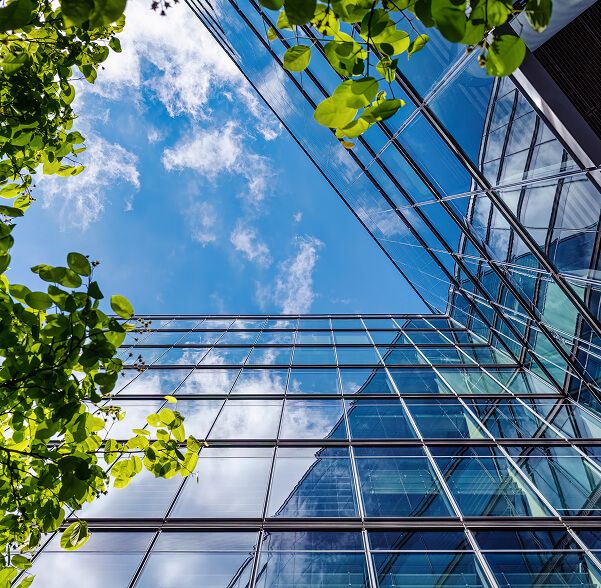 Glass tower seen from below looking up